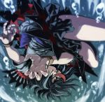  1girl black_hair bubble fingernails highres hinomoto_madoka kijin_seija long_fingernails multicolored_hair red_eyes redhead solo streaked_hair thighs touhou underwater upside-down white_hair wrist_cuffs 