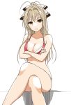  1girl amagi_brilliant_park antenna_hair bikini breasts brown_eyes brown_hair cleavage crossed_arms crossed_legs highres long_hair looking_at_viewer open_mouth ponytail red_bikini sento_isuzu sitting solo swimsuit tetopetesone 
