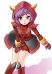  1girl blush boots fake_horns gloves highres holding holding_poke_ball hood horned_headwear kagari_(pokemon) kagari_(pokemon)_(remake) looking_at_viewer looking_up miu_(angelo_whitechoc) parted_lips poke_ball pokemon pokemon_(game) pokemon_oras purple_hair ribbed_sweater short_hair solo sweater team_magma uniform violet_eyes white_background 