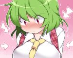  1girl ascot between_breasts blush breasts bust commentary directional_arrow embarrassed green_hair hammer_(sunset_beach) kazami_yuuka pink_background plaid plaid_vest red_eyes short_hair solo touhou trembling 
