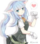  animal_ears blue_eyes blue_hair gloves hatsukaze_(kantai_collection) heart kantai_collection long_hair shijima_(sjmr02) smile tail twitter_username uniform 