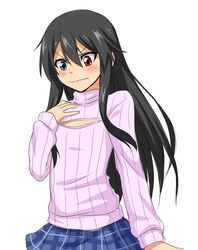  1boy bellezza_felutia black_hair blue_eyes brush crossdressinging felutiahime flat_chest furrowed_eyebrows hand_on_own_chest heterochromia highres long_hair open-chest_sweater red_eyes ribbed_sweater skirt sweater trap turtleneck wavy_mouth 