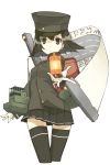  1girl akitsu_maru_(kantai_collection) backpack bag black_eyes black_hair black_legwear black_skirt gloves hat highres kantai_collection lantern long_sleeves machinery military military_hat military_uniform peaked_cap pleated_skirt randoseru scroll seu_(hutotomomo) short_hair simple_background skirt solo thigh-highs uniform white_background white_gloves zettai_ryouiki 