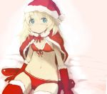  1girl :c blonde_hair blue_eyes blush boots bra capelet christmas elbow_gloves fur_trim gloves hat helma_lennartz highres izuoku long_hair mound_of_venus navel panties red_boots red_bra red_gloves red_legwear red_panties red_ribbon ribbon santa_boots santa_costume santa_hat sitting solo strike_witches thigh-highs thigh_boots underwear 