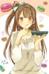  1girl artist_name bow brown_eyes brown_hair dated earrings finger_to_mouth food hair_bow heart jewelry licking_lips love_live!_school_idol_project macaron minami_kotori smile solo tagme tarachine 
