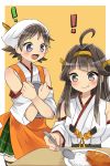  ! 2girls :t bandana bare_shoulders blue_eyes blush brown_eyes brown_hair commentary_request curry detached_sleeves eating food headgear hiei_(kantai_collection) kantai_collection kongou_(kantai_collection) long_hair multiple_girls nontraditional_miko ochazuke open_mouth rice short_hair skirt spoon tray 