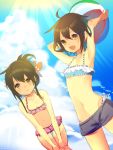  2girls 4th :d ball beachball brown_eyes brown_hair fang flat_chest folded_ponytail hair_ornament hairclip ikazuchi_(kantai_collection) inazuma_(kantai_collection) kantai_collection long_hair midriff multiple_girls navel open_mouth sky smile swimsuit 