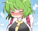  1girl ascot between_breasts blush breasts bust closed_eyes commentary directional_arrow embarrassed full-face_blush green_hair hammer_(sunset_beach) kazami_yuuka pink_background plaid plaid_vest short_hair solo touhou trembling wavy_mouth 