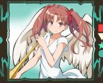  1girl alternate_costume angel_wings brown_hair hair_ribbon horn_(instrument) instrument long_hair looking_at_viewer ribbon shirai_kuroko smile solo to_aru_kagaku_no_railgun to_aru_majutsu_no_index twintails wings youkan 