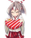  1girl ^_^ amano_kouki blush box chocolate chocolate_heart closed_eyes gift gift_box hachimaki hakama headband heart highres holding japanese_clothes kantai_collection looking_at_viewer open_mouth ponytail pov silver_hair sketch solo valentine zuihou_(kantai_collection) 