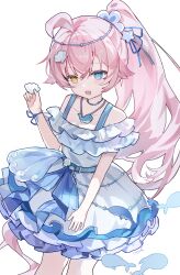  1girl :d absurdres ahoge alternate_hairstyle bare_shoulders blue_archive blue_dress blue_eyes blue_ribbon commentary cowboy_shot dress hair_between_eyes hair_ribbon hand_up heterochromia highres holding holding_shell hoshino_(blue_archive) jewelry long_hair necklace off-shoulder_dress off_shoulder open_mouth otarc pink_hair ponytail ribbon shell short_sleeves simple_background smile solo standing untranslatable_commentary white_background yellow_eyes 