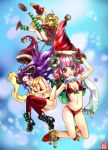  3girls bikini black_eyes blonde_hair breasts christmas chushengdao closed_eyes hat horns long_hair multiple_girls original pink_eyes pink_hair purple_hair red_legwear sack santa_hat short_hair smile star swimsuit thigh-highs 