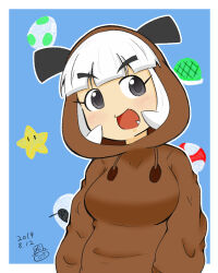  2019 black_eyes blue_background blunt_bangs blush border breasts brown_hoodie commentary_request dated fang goomba green_shell_(mario) highres hood hood_up hoodie large_breasts long_sleeves ma2san029 medium_hair minuspal open_mouth outside_border personification signature simple_background super_mario_bros. super_mushroom super_star_(mario) turtle_shell white_border white_hair yoshi_egg 