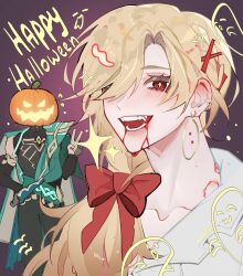  2boys absurdres alhaitham_(genshin_impact) alternate_hairstyle bite_mark bite_mark_on_neck black_pants black_shirt blonde_hair blood blood_on_face blush bow cape chest_jewel dark_background ear_blush earrings fang gem genshin_impact ghost gold_earrings gold_trim gradient_background green_cape green_gem hair_bow hair_ornament hair_over_one_eye hand_on_own_hip happy_halloween highres jewelry kaveh_(genshin_impact) long_hair looking_at_viewer multiple_boys ne_djem open_mouth pants pumpkin pumpkin_hat purple_background red_bow red_eyes shirt side_cape simple_background sparkle standing v white_shirt x_hair_ornament 