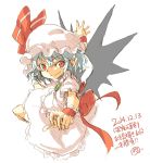  1girl bat_wings blue_hair colored dated hat hat_ribbon jewelry looking_at_viewer mob_cap numa_(minus_4k) outstretched_arms pointy_ears red_eyes remilia_scarlet ribbon shirt short_hair simple_background sketch skirt skirt_set smile solo text touhou vest white_background wings wrist_cuffs 