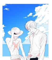  2boys abs absurdres arm_up border clouds collarbone collared_shirt commentary_request cowboy_shot cumulonimbus_cloud grin hat highres long_sleeves male_focus monkey_d._luffy multiple_boys ocean one_piece open_collar open_mouth pants pectorals pinstripe_pattern pinstripe_shirt qkdrkqkdrks2 sanji_(one_piece) scar scar_on_chest shirt short_hair smile straw_hat topless_male white_border 