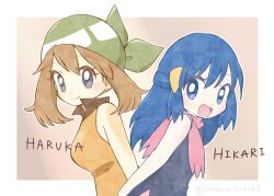 2girls bandana black_collar blue_eyes blue_hair breasts brown_hair collar commentary_request floating_scarf gradient_background green_bandana grey_eyes hat highres hikari_(pokemon) long_hair looking_back may_(pokemon) medium_hair multiple_girls open_mouth orange_shirt orange_tank_top pokemon pokemon_(anime) pokemon_dppt_(anime) red_scarf scarf shirt simple_background sleeveless smile tank_top xrqu2xk8qb47501 