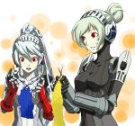 2girls android blue_hair green_hair highres kamui_sathi knitting labrys multiple_girls persona persona_4:_the_ultimate_in_mayonaka_arena red_eyes robot_joints unit_#024 