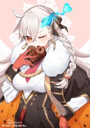  1girl asymmetrical_bangs blush braid breasts coat commentary_request earrings fate/grand_order fate_(series) fur-trimmed_jacket fur_trim gloves hair_between_eyes hair_ribbon high-waist_skirt highres horns jacket jewelry large_breasts long_hair long_sleeves looking_at_viewer necktie olga_marie_animusphere olga_marie_animusphere_(unbeast) orange_eyes orange_gloves pencil_skirt red_necktie ribbon see-through_horns shiny_horns shirt single_horn skirt solo two-sided_coat two-sided_fabric uninu very_long_hair white_hair white_shirt 