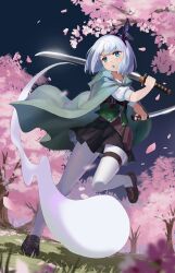  1girl alternate_costume black_hairband black_skirt blue_eyes brown_shoes cape cherry_blossoms commentary commission dual_wielding english_commentary falling_petals full_body green_cape green_vest grey_hair hairband highres hitodama holding holding_sword holding_weapon katana konpaku_youmu konpaku_youmu_(ghost) loafers looking_at_viewer mixed-language_commentary night open_mouth pantyhose petals pink_petals puffy_short_sleeves puffy_sleeves shirt shoes short_sleeves skirt solo sword thigh_strap touhou vest weapon white_pantyhose white_shirt yorange17 
