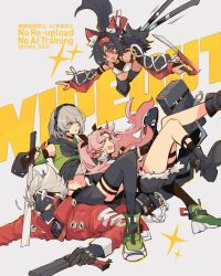  1boy 3girls anby_demara animal_ear_fluff animal_ears bare_shoulders billy_kid black_choker black_gloves black_hair black_pants black_ribbon black_shoes black_shorts black_skirt black_thighhighs braid braided_sidelock cable cable_tail cat_ears cat_girl cat_tail chain choker clothed_robot commentary_request earrings facial_mark fingerless_gloves forehead_mark forehead_tattoo gloves green_eyes green_jacket green_shoes green_sleeves grey_background grey_hair gun hairband hally headphones heart heart_earrings highres holding holding_gun holding_sword holding_weapon humanoid_robot jacket jewelry long_hair looking_at_another lying mechanical_tail midriff multicolored_sleeves multiple_girls multiple_tails navel nekomiya_mana nicole_demara on_stomach open_mouth orange_eyes pants pink_hair red_eyes red_hairband red_jacket ribbon robot robot_boy shoes short_hair shorts sitting sitting_on_person skirt sparkle suitcase sweatdrop sword tail tattoo thigh-highs triangle triangle_facial_mark two_side_up two_tails weapon zenless_zone_zero 
