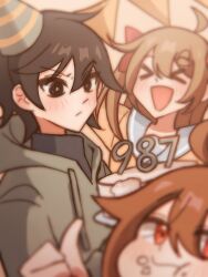  >_< 1boy 2girls :/ :d :t ahoge arms_up birthday black_eyes black_hair blurry blurry_background blurry_foreground blush brown_hair bunting cake cheek_bulge closed_mouth drawstring evil_neuro-sama food food_bite food_on_face furrowed_brow green_hoodie hair_between_eyes hair_ornament hair_ribbon heart heart_hair_ornament highres hood hoodie messy_hair mini_party_hat multiple_girls neuro-sama photobomb raised_eyebrow red_eyes red_ribbon ribbon short_hair smile sora_no_sakebi thumbs_up turtleneck two_side_up v-shaped_eyebrows vedal987 vedal_ai 