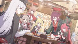  6+girls :t akari_(blue_archive) animal_ears bamboo_steamer blonde_hair blue_archive brown_hair china_dress chinese_clothes choker chopsticks closed_eyes curled_horns dress dutch_angle eating fish_(food) food fried_rice grey_hair grin hair_between_eyes hair_ribbon haruna_(blue_archive) hat highres holding holding_chopsticks horns indoors izumi_(blue_archive) junko_(blue_archive) kirino_(blue_archive) long_hair long_sleeves low_twintails low_wings mole mole_under_eye multiple_girls official_art pelvic_curtain plate pointy_ears red_dress red_hair reijo_(blue_archive) ribbon rumi_(blue_archive) single_wing smile soeyumi steam thigh_strap twintails very_long_hair wings 