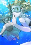  2girls alternate_costume blonde_hair blue_eyes blue_hair blurry bow braid depth_of_field freediving hair_bobbles hair_bow hair_ornament hichiko kawashiro_nitori kirisame_marisa long_hair multiple_girls ribbon short_hair skirt snorkel swimming swimsuit touhou twintails underwater yellow_eyes 