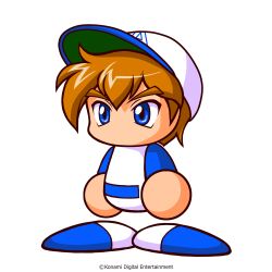  1boy artist_request baseball_cap baseball_uniform blue_eyes blue_hat blue_shirt blue_shoes brown_hair copyright_notice hat highres ikari_mamoru jikkyou_powerful_pro_yakyuu jikkyou_powerful_pro_yakyuu_(style) multicolored_hat multicolored_shirt multicolored_shoes no_mouth official_art rayman_limbs shirt shoes short_hair solo sportswear thick_eyebrows two-tone_shoes white_hat white_shirt white_shoes 