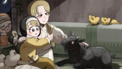  3girls baby_animal bird blonde_hair blue_eyes chicken clumsy_nun_(diva) crescent_moon cross diva_(hyxpk) duck duckling english_commentary goat highres little_nuns_(diva) mole mole_on_cheek moon multiple_girls night nun orange_pajamas pajamas sleep_mask spicy_nun_(diva) strict_nun_(diva) traditional_nun white_pajamas yellow_pajamas 