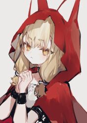  1girl animal_ears arknights arknights:_endfield blonde_hair cape closed_mouth commentary_request ears_through_headwear ears_through_hood grey_background hands_up highres hood hood_up hooded_cape koito_(l0ve_la_bit) looking_at_viewer own_hands_clasped own_hands_together red_cape red_hood rossi_(arknights) solo upper_body yellow_eyes 