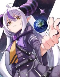  1girl black_dress black_horns cowboy_shot dress earth_(planet) hashtag-only_commentary highres hololive horns la+_darknesss long_hair planet pointy_ears purple_hair purple_horns simple_background solo virtual_youtuber white_background yellow_eyes yu2106z 