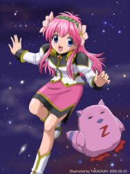  1girl :d artist_name bad_id blue_eyes boots dated epaulettes flower foot_out_of_frame galaxy_angel green_hairband hair_flower hair_ornament hairband jacket juliet_sleeves long_hair long_sleeves milfeulle_sakuraba military_uniform normad open_mouth pencil_skirt pink_flower pink_hair pink_skirt puffy_sleeves skirt sleeve_cuffs smile solo space star_(sky) stuffed_toy takachan white_boots white_jacket 