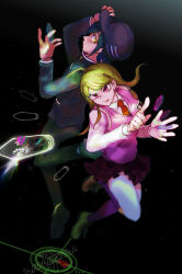  1boy 1girl ahoge akamatsu_kaede aqua_hair back-to-back backpack bag baseball black_background black_hat black_jacket black_pants black_shoes blonde_hair breasts brown_shoes bullet collared_jacket collared_shirt collared_vest commentary_request copyright_name crest crosshair danganronpa_(series) danganronpa_v3:_killing_harmony delidelidelic determined downturned_eyes dress_shoes eyelashes floating_clothes floating_hair full_body gakuran hair_ornament hairclip hat height_difference high_collar highres jacket kneehighs lapels large_breasts layered_sleeves leg_up light_particles long_hair long_sleeves looking_at_another looking_back miniskirt musical_note musical_note_hair_ornament musical_note_print necktie notched_lapels object_floating_above_hand orange_necktie pants parted_lips pink_vest pinstripe_jacket pinstripe_pants pinstripe_pattern pleated_skirt pointing pointy_nose print_skirt purple_skirt purple_socks saihara_shuichi school_uniform shirt shoes short_hair skirt socks translation_request undershirt vest white_bag white_shirt white_socks yellow_eyes 