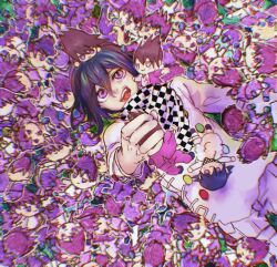  1boy belt black_scarf buttons checkered_clothes checkered_scarf commentary_request cowboy_shot danganronpa_(series) danganronpa_v3:_killing_harmony delidelidelic doll double-breasted fumo_(doll) grass hair_between_eyes holding holding_doll jacket long_sleeves lying male_focus momota_kaito multicolored_buttons oma_kokichi on_back on_ground open_mouth pants purple_hair scarf short_hair stuffing teeth thigh_belt thigh_strap too_many_dolls torn_clothes torn_jacket two-tone_scarf violet_eyes white_belt white_jacket white_pants white_scarf wrist_belt 