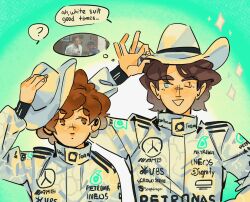  2boys ? adjusting_clothes adjusting_headwear andrea_kimi_antonelli aqua_background arm_up blue_eyes brown_eyes brown_hair closed_mouth commentary cowboy_hat english_commentary english_text facing_viewer formula_one george_russell hat highres long_sleeves looking_at_another male_focus multiple_boys no_sclera one_eye_closed open_mouth petronas racing_suit real_life short_hair smile sog_goog sparkle speech_bubble spoken_question_mark talking thought_bubble white_hat white_racing_suit 
