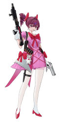 1girl absurdres ammunition asymmetrical_dual_wielding bow candy chest_bow desert_eagle dress drill_hair dual_wielding food full_body gloves gun hair_ornament hand_up handgun high_heels highres holding holding_gun holding_weapon holster kirirei_228 knife_sheath large_bow lollipop lollipop_in_mouth original pantyhose pink_dress purple_hair red_bow red_shoes sheath shoes short_sleeves shotgun shotgun_shell shoulder_holster simple_background solo standing stuffed_toy thigh_holster thigh_strap trigger_discipline twin_drills violet_eyes weapon white_background white_gloves white_pantyhose