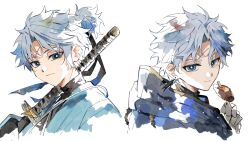  aqua_haori black_kimono black_shirt blue_eyes blue_jacket earrings fate_(series) food grey_hair hair_ribbon haori high_ponytail highres holding holding_food holding_ice_cream hood hood_down hooded_jacket ice_cream ice_cream_bar jacket japanese_clothes jewelry katana kimono looking_at_viewer multicolored_jacket over_shoulder ponytail prosthesis prosthetic_arm ribbon scar scar_on_face scar_on_forehead sheath sheathed shirt shirt_under_kimono short_ponytail sword toramaru_(696anna) toudou_heisuke_(fate) toudou_heisuke_(third_ascension)_(fate) turtleneck turtleneck_shirt two-tone_jacket weapon weapon_over_shoulder white_background white_jacket 