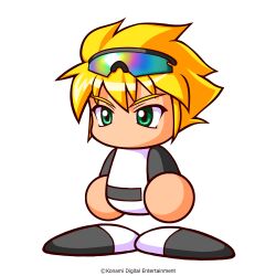  1boy artist_request baseball_uniform black_shirt black_shoes blonde_hair copyright_notice eyewear_on_head green_eyes highres jikkyou_powerful_pro_yakyuu jikkyou_powerful_pro_yakyuu_(style) multicolored_shirt multicolored_shoes no_mouth official_art rayman_limbs shirt shoes solo sportswear sunglasses tomozawa_ryo two-tone_shirt two-tone_shoes white_shirt white_shoes 