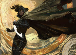  1girl anato_finnstark black_bodysuit black_hair blue_eyes bodysuit brown_cloak chani cloak closed_mouth dagger dark-skinned_female dark_skin dune_(series) floating_hair highres holding holding_dagger holding_knife holding_weapon hood hooded_cloak knife looking_at_viewer medium_hair solo weapon 