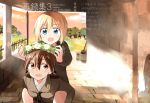  2girls artist_name barrel blonde_hair blue_eyes brown_eyes brown_hair cover cover_page doujin_cover erica_hartmann flower_wreath gertrud_barkhorn house long_hair looking_back multiple_girls open_mouth outdoors piggyback shadow short_hair strike_witches sunset tree tsuchii_(ramakifrau) twintails uniform 