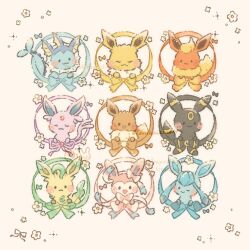  blush bow closed_eyes closed_mouth commentary_request eevee espeon flareon flower glaceon highres jolteon leafeon no_humans open_mouth pokemon pokemon_(creature) pokemon_focus ribbon smile sylveon temariame14 umbreon vaporeon white_background 
