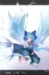  1girl artist_name blue_eyes blue_hair bow cirno dated dress finger_to_face hair_bow highres ice ice_wings letterboxed namauni ribbon short_hair smile solo touhou wings 