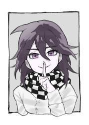  1girl black_scarf border buttons checkered_clothes checkered_scarf commentary_request cropped_torso danganronpa_(series) danganronpa_v3:_killing_harmony dot_nose eyelashes finger_to_mouth fingernails genderswap genderswap_(mtf) grey_background hair_between_eyes happy jacket long_hair long_hair_between_eyes long_sleeves oma_kokichi outside_border pale_skin parted_lips purple_hair scarf sleeve_cuffs smirk solo straight-on tappo_(gemori) two-tone_scarf violet_eyes white_border white_jacket white_scarf 