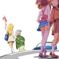  4girls akechi_anna arm_up arms_behind_back bag beret blazer blonde_hair blue_skirt boots brown_shoes buttons car carrying casual cellphone closed_mouth clothes_around_waist commentary double-breasted double_bun dress_shirt glasses green_haori green_kimono grey_hair gyaru hair_bun haori hat heel_up high_collar holding holding_phone jacket japanese_clothes kimono kobayashi_mikuru kogane_(staygold) loafers long_hair long_sleeves looking_at_another looking_back low_twintails medium_hair meitantei_precure! miniskirt motor_vehicle multiple_girls neck_ribbon no_eyes own_hands_together phone pink_hair pink_shirt pleated_skirt precure purple_boots purple_hair purple_hat purple_ribbon red_jacket red_skirt ribbon road school_bag school_uniform scrunchie shirt shoes short_hair single_hair_bun skirt sky sleeves_rolled_up smile socks standing thigh-highs twintails white_shirt white_sky white_socks white_thighhighs wrist_scrunchie 