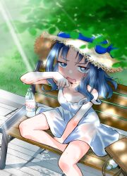  1girl absurdres artist_name bag blue_bow blue_eyes blue_hair bottle bow brown_hat buta_obutu commentary dappled_sunlight dress frown grass half-closed_eyes handbag hat hat_bow heartcatch_precure! highres kurumi_erika leg_up looking_at_viewer medium_hair open_mouth precure saliva signature sitting sleeveless sleeveless_dress solo strap_slip sun_hat sundress sunlight sweat tree twitter_username water_bottle white_dress wiping_sweat 