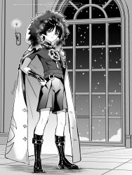  1boy arm_at_side armor blunt_ends boots candle candlelight choppy_bangs closed_mouth coat coat_on_shoulders expressionless fatui_coat full_body fur-trimmed_coat fur-trimmed_hood fur_trim genshin_impact hand_on_own_hip highres hood hood_up indoors japanese_armor jewelry kote lapels looking_at_viewer male_focus mandarin_collar mitsudomoe_(shape) neck_ring night o-ring parted_bangs sash scaramouche_(genshin_impact) shirt short_sleeves shorts snow20200 snowing solo standing tile_floor tiles tomoe_(symbol) toned toned_male tsurime twitter_username watermark window 