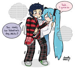  1boy 1girl black_shirt black_thighhighs blue_eyes blue_hair blush brown_eyes carrying closed_mouth colored_shoe_soles english_text full_body green_shoes hand_in_pocket hatsune_miku highres jacket jewelry knees_up long_hair long_sleeves looking_to_the_side mitsuko_tan multicolored_shoes necklace nervous_smile open_mouth princess_carry red_shoes red_thighhighs shirt shoes short_hair simple_background smile speech_bubble standing star_(symbol) star_necklace striped_clothes striped_thighhighs sweatdrop thigh-highs thought_bubble two-tone_shoes vocaloid white_background white_jacket white_shoes 