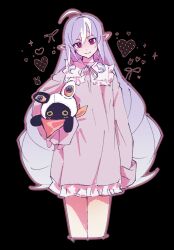  1girl ahoge black_background commentary dress eous_(zenless_zone_zero) highres long_hair looking_at_viewer mole mole_under_eye multicolored_hair nightgown pointy_ears purple_dress purple_hair red_eyes smyecc solo streaked_hair untranslatable_commentary very_long_hair vivian_banshee yandere zenless_zone_zero 