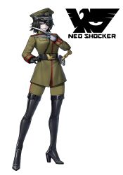  1girl belt belt_buckle black_belt black_boots black_gloves black_hair blue_eyeliner boots buckle commentary_request eidenjyou1997 emblem english_commentary eyeliner eyepatch full_body genderswap genderswap_(mtf) general_monster gloves green_hat green_jacket green_pants hand_on_own_hip hat high_heel_boots high_heels highres jacket kamen_rider long_sleeves looking_at_viewer makeup mechanical_arms medium_hair military_dress_uniform military_hat military_jacket military_uniform neo_kamen_rider pants parted_lips peaked_cap print_eyepatch sheath sheathed shocker_(kamen_rider) shoulder_boards simple_background single_glove single_mechanical_arm smirk standing sword teeth thigh_boots weapon white_background yellow_eyes 